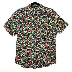 Express Short Sleeve Button Down Shirt Black Floral Colorful Medium
